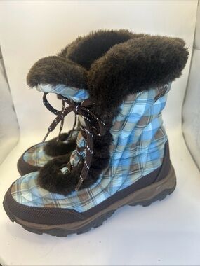 The North Face Nuptse Fur II Blue Brown Plaid Winter Boots Size 6 Women’s